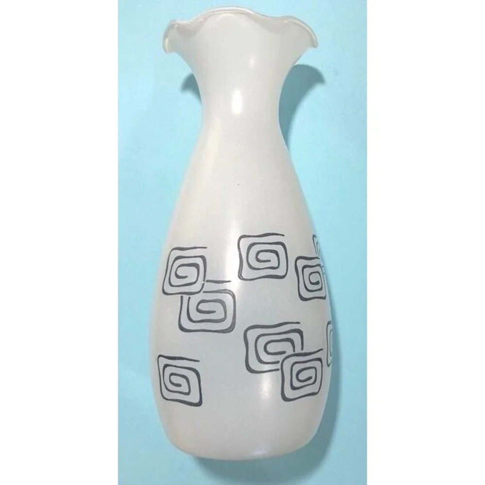 Vintage 1950’s MCM ATOMIC Set of 2-7 in Frosted White VASES  w/Black Mod Design